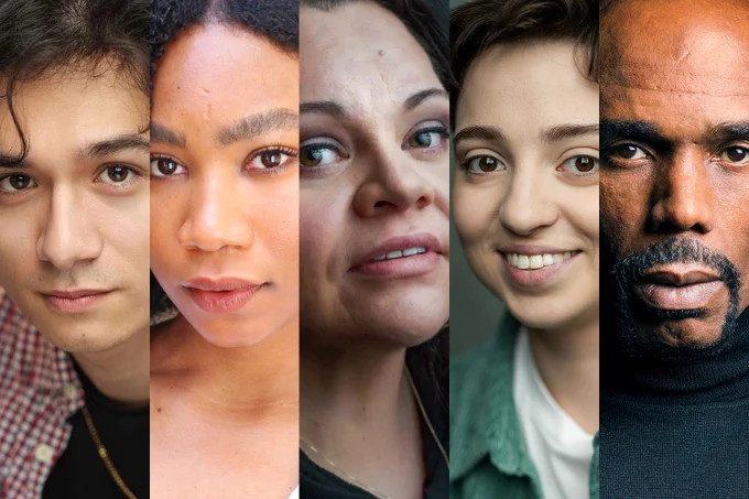 A photo showing five headshots of performers posing and adopting neutral expressions 