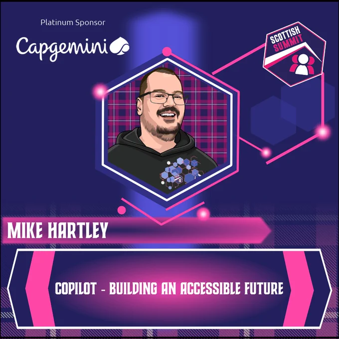 Navy social tile with pink tartan design at the bottom, with a blue stripe down the middle with a picture of Mike Hartley as a speaker at this year's Scottish Summit 2024