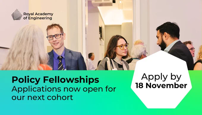 A background photo showing individuals engaging in conversation. Promotional text for Policy Fellowships, with applications deadline on 18 November.