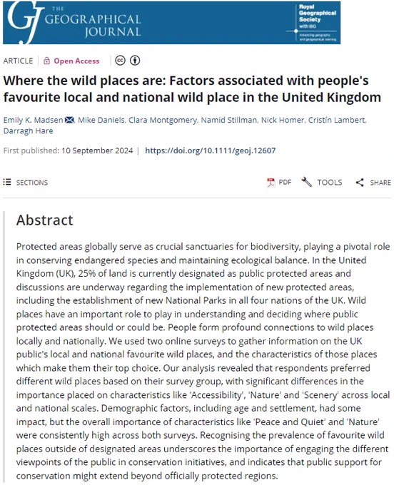 Title and abstract for 'Where the wild places are: Factors associated with people's favourite local and national wild place in the United Kingdom' by Emily K. Madsen, Mike Daniels, Clara Montgomery, Namid Stillman, Nick Homer, Cristín Lambert, and Darragh Hare in The Geographical Journal. 
