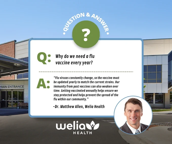 Question and Answer with dr matthew allen, image below with welia health logo in white over image of hospital beind. 