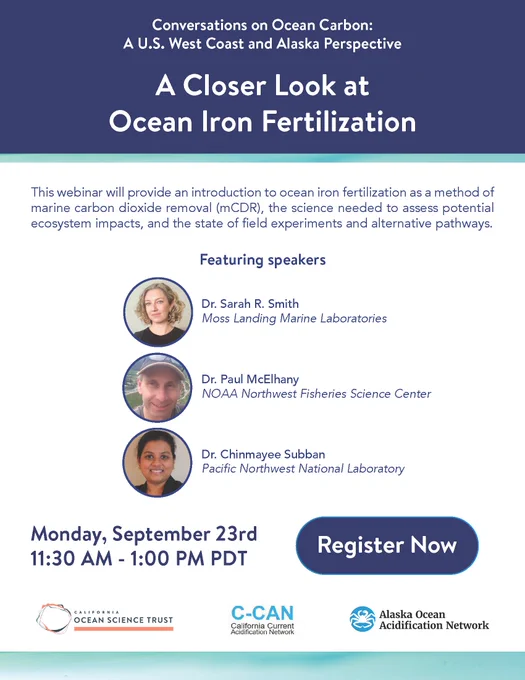 A flyer for a webinar on September 23 at 11:30am PDT about marine carbon dioxide removal, and specifically, ocean iron fertilization.