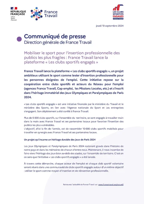 Communiqué de presse de la Direction générale de France Travail "Mobiliser le sport pour l’insertion professionnelle des publics les plus fragiles : France Travail lance la plateforme 'Les clubs sportifs engagés'"
