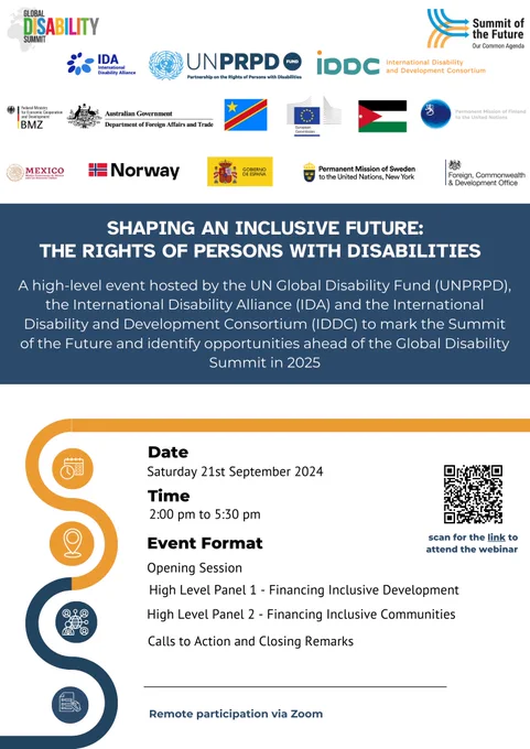 Event flyer - sponsor logos are at the top on a white background. The event title "Shaping an Inclusive Future: the rights of persons with disabilities" is below against a blue background with the event date, time and format are listed below on a white background. These details are the same as the tweet itself
