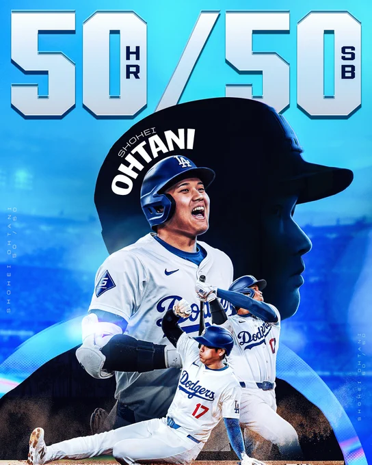 Shohei Ohtani 50/50 graphic:
Pictured: Three cutouts of Ohtani in various action poses. They are positioned in front of his silhouette with Dodger Stadium in the background.