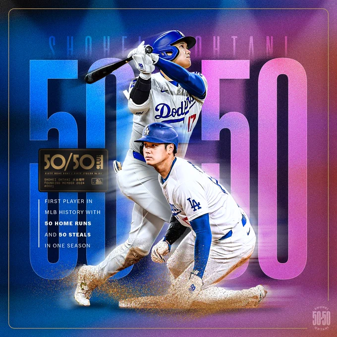 A graphic with a cutout of Shohei Ohtani batting and a cutout of him sliding as he starts the 50/50 club.