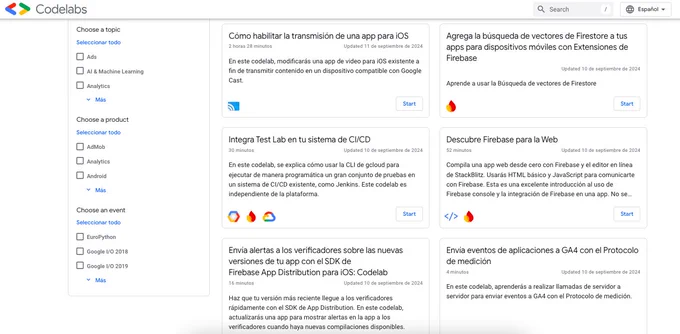 Vemos una captura de pantalla de la página principal de Codelabs de Google, mostrando una variedad de tutoriales y cursos de desarrollo de aplicaciones.