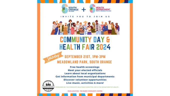 White background with orange, blue, and white patterened border. There is an illustration of a group of people standing together in a line, hugging. Below reads: "Community Day & Health Fair 2024. September 21st, 1 pm - 3 pm. Meadowland Park, South Orange."