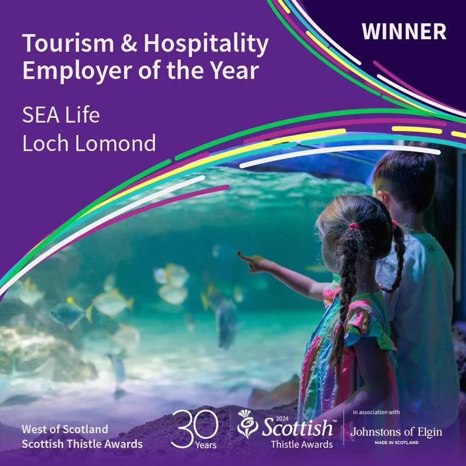 Social media tile announcing SEA Life Loch Lomond as winner of the Tourism & Hospitality Employer of the Year.