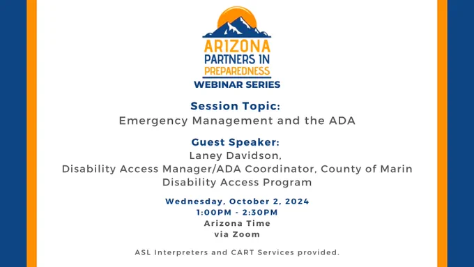 Arizona Partners in preparedness logo, an orange sun behind blue mountains, at top with column of text under it reflecting text in post.