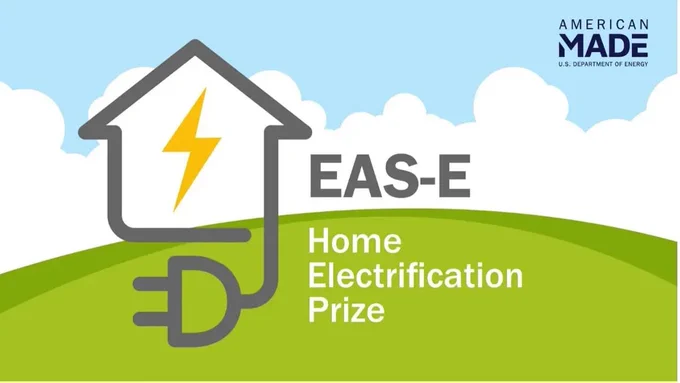 The text "EAS-E Home Electrification Prize" in grey and white text on an animated background showing green grass and a blue sky with white clouds. Next to the text is an outline of a house that turns into an electrical plug. Inside the outline is a lightning bolt icon. 