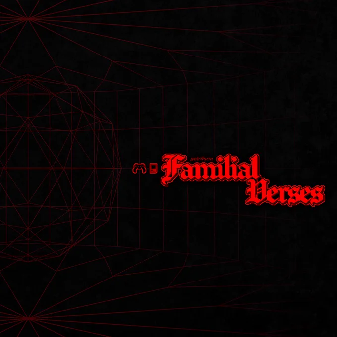 Familial Verses album art depicting the title in pixel art in black and red palette