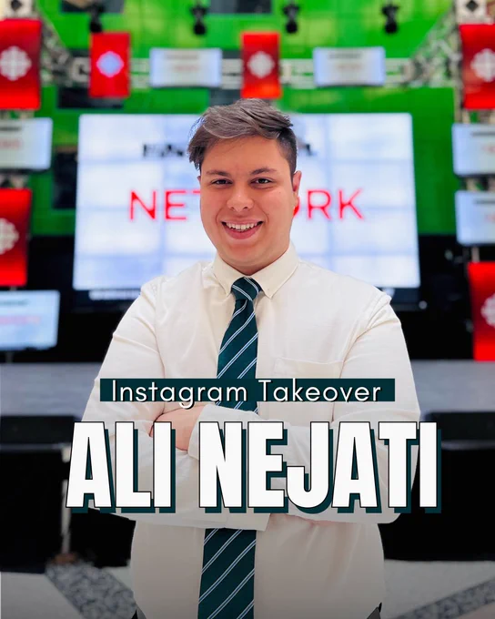  An image of Ali Nejati, a person with short brown hair, wearing a white polo with a green tie. At the bottom center is a text that reads 'Instagram Takeover. Ali Nejati'