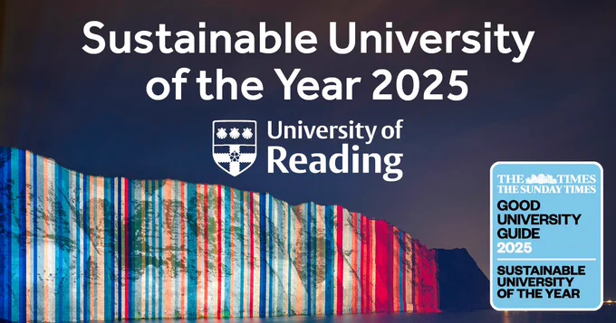 The White Cliffs of Dover are lit up with a projection of the climate stripes for the United Kingdom alongside the University of Reading announcing that they'd been named 'Sustainable University of the Year in The Times and Sunday Times Good University Guide 2025.