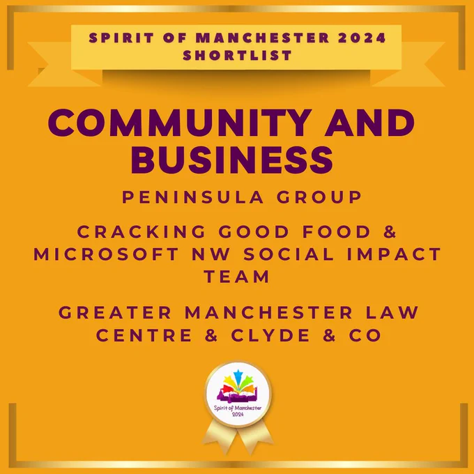 Spirit of Manchester 2024 shortlist. Community and Buisiness Collaboration - Peninsula Group, Cracking Good Food & Microsoft NW Social Impact Team, Greater Manchester Law Centre & Clyde & Co. With an orange background.