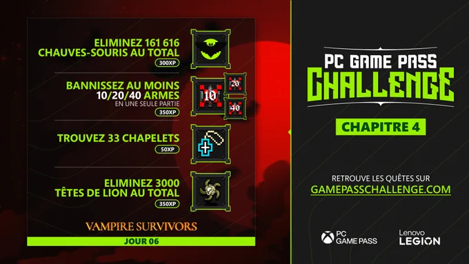 Les quêtes du jour 6 :

- Eliminez 161 616 chauves-souris au total
- Bannissez au moins 10/20/40 armes en une seule partie
- Trouvez 33 Chapelets
- Eliminez 3000 têtes de lion au total