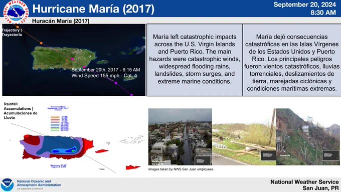 Today we commemorate 7 years of Hurricane María. María left catastrophic impacts across the U.S. Virgin Islands and Puerto Rico. The main hazards were catastrophic winds, widespread flooding rains, landslides, storm surges, and extreme marine conditions.   #prwx #usviwx