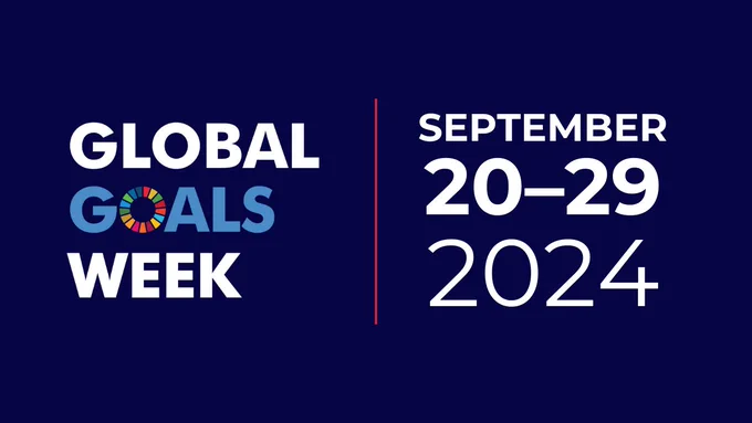 White words on a dark blue background. Text reads: Global Goals Week. September 20-29, 2024. 