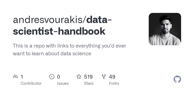 screenshot of andresvourakis' GitHub rep -  picture of them in black and white on the right - a subheadig "this is a repo with links to everything you'd ever want to learn about data science". 1 contributor, 0 issues, 519 starts, 49 forks