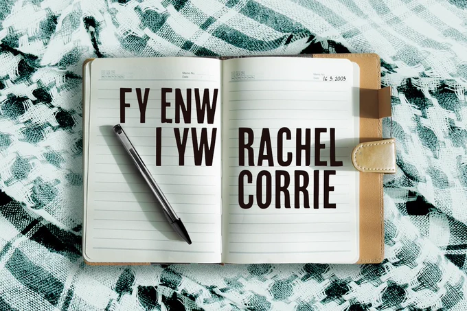 Title image for Fy Enw i yw Rachel Corrie. A notebook is left open with a black pen as if ready to journal. The notebook is laid on a keffiyeh scarf.