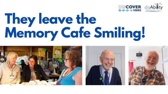 A thumbnail for our video. The text says: 'They leave the Memory Cafe Smiling!'

There are three pictures, from left to right: three ladies smiling with eachother, a gentlemen smiling and then the last picture is a gentlemen smiling. 