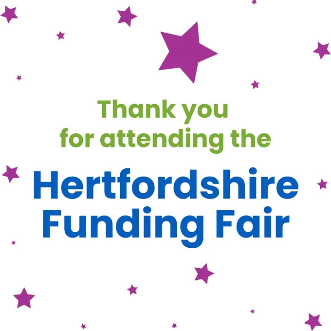 Text on a white background with pink stars: Thank you for attending the Hertfordshire Funding Fair