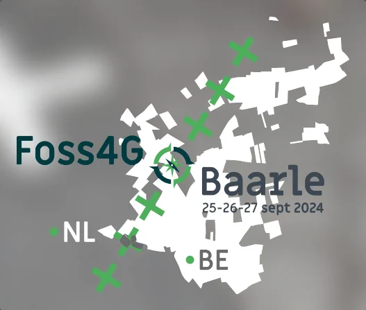 Conference logo, with text:
Foss4G Baarle
25-26-27 sept 2024
NL BE
