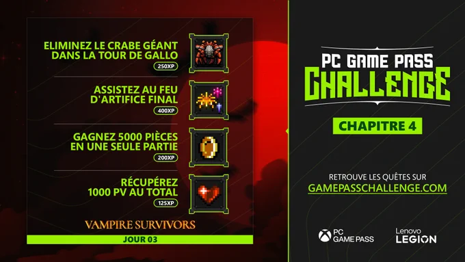 Les quêtes du jour 3 :

- Eliminez le crabe géant dans la tour de Gallo (250xp)
- Assistez au feu d'artifice final (400xp)
- Gagnez 5000 pièces en une seule partie (200xp)
- Récupérez 1000 PV au total (125xp)