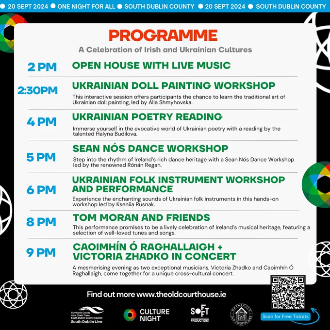 Programme list for Culture night events with times, titles and descriptions.