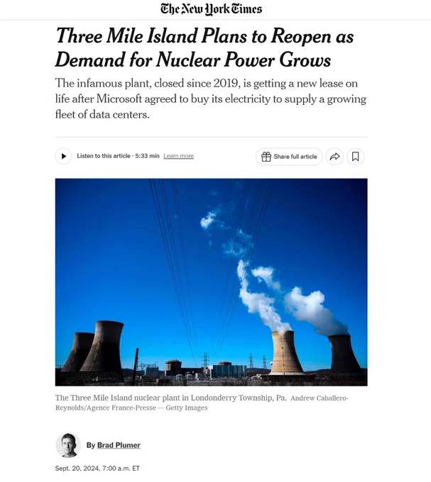 Three Mile Island Plans to Reopen as Demand for Nuclear Power Grows

https://www.nytimes.com/2024/09/20/climate/three-mile-island-reopening.html