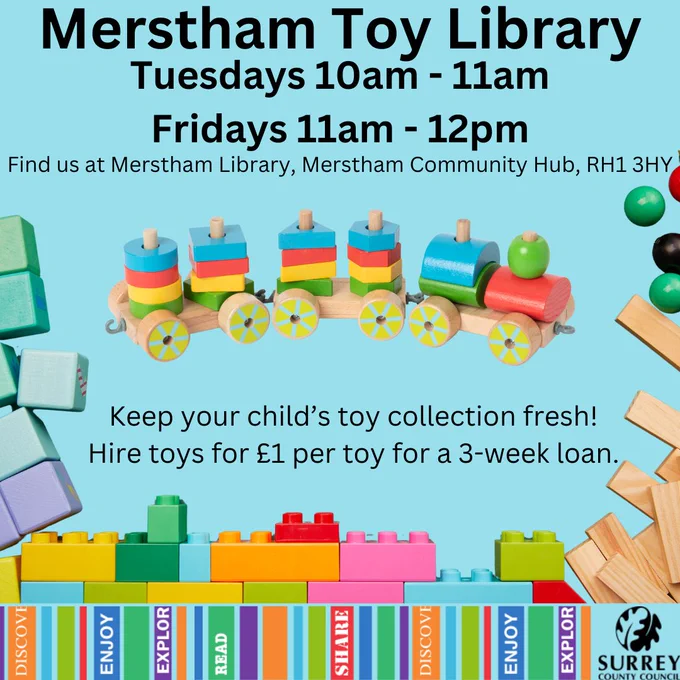 A square image with a pale blue background. The text is as given in the post, with the addition 'Find us at Merstham Library, RH1 3HY'. There is a wooden toy train in the middle, with a variety of building blocks scattered to make a border. The Surrey Libraries branding and logo are at the bottom of the image.