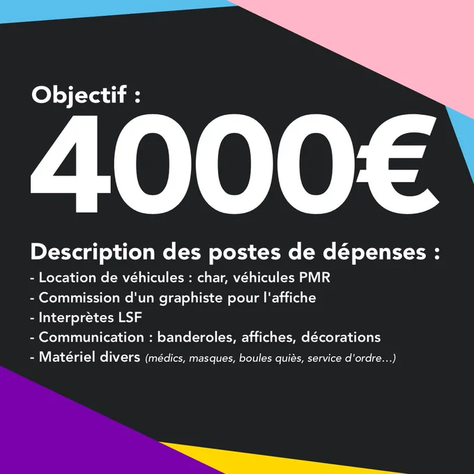 Objectif : 4000€
 Description des postes de dépenses :
- Location de véhicules : char, voitures PM

- Commission d'un graphiste pour l'affiche
- Interprètes LSF
- Communication : banderoles, affiches, décorations
- Matériel divers (médics, masques, boules quiès, service d'ordre…)