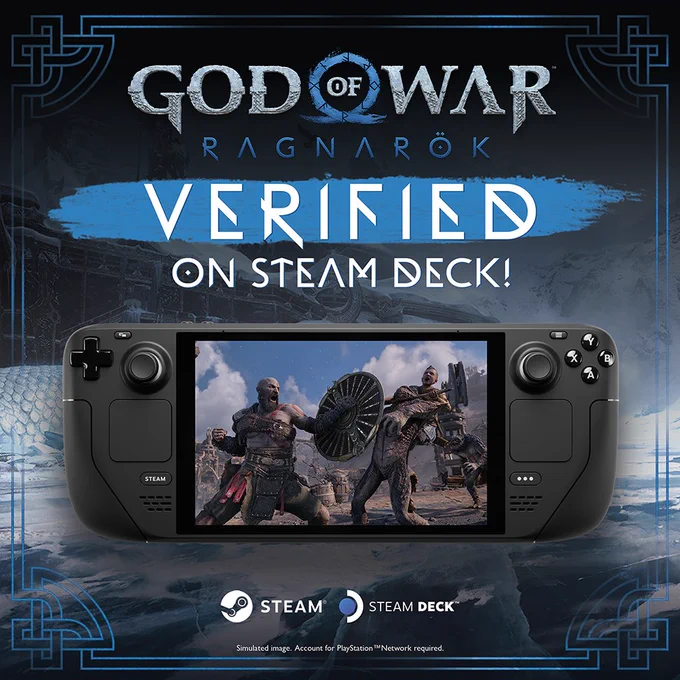An image showing the Steam Deck with a combat shot of Kratos and Atreus from God of War Ragnarök displayed on its screen. Text displays God of War Ragnarök  verified on Steam!
