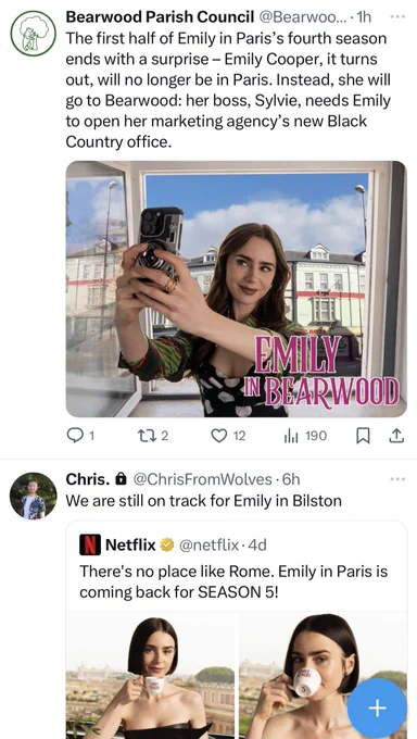 Screenshot of two tweets talking about Emily in Paris  Show being located in Bearwood and Bilston