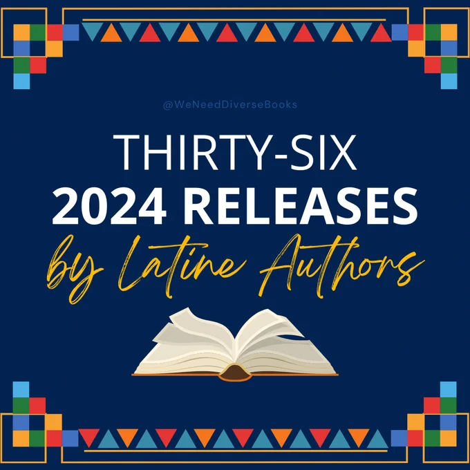 A graphic titled “Thirty-six 2024 Release by Latine Authors.” Beneath the title is an illustration of a leather-bound book, with its pages flipping open. The graphic is dark blue and has a top and bottom border made up of multi-colored squares and triangles.