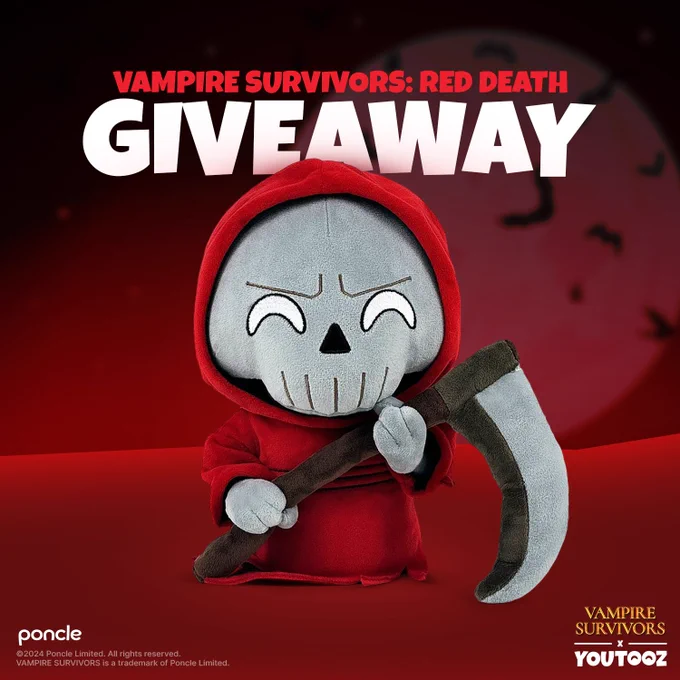 Promotional image for Vampire Survivors: Red Death Giveaway featuring a plush toy of Red Death in a red hood holding a scythe, set against a red background with black bat silhouettes. Logos of Vampire Survivors and Youtooz are visible in the bottom right corner.