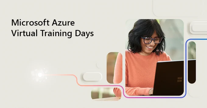 Frau sitzt vor Laptop, Text autet: "Microsoft Azure Virtual Training Days"