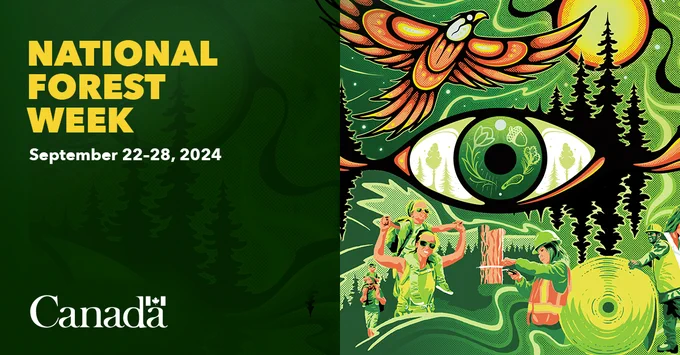 A graphic illustration of ‘three-eyed seeing’ on one side and ‘National Forest Week’ on the other, with Canada wordmark at bottom. 