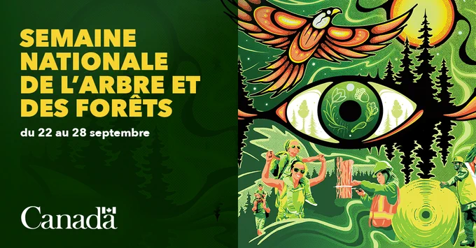 Illustration graphique de la « vision à trois yeux » d'un côté et de la « Semaine nationale de l’arbre et des forêts » de l'autre, avec le mot-symbole « Canada » au bas de la page. 