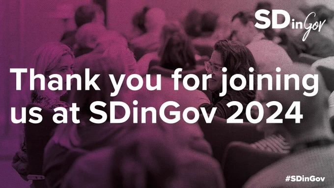 Attendees at SDinGov 2024 conference, seated and engaging in discussions, with a purple overlay and text thanking them for joining.