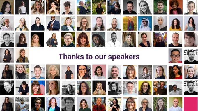 Collage of our speakers, featuring individual portraits arranged in multiple rows. Text in the centre reads 'Thanks to our speakers'.