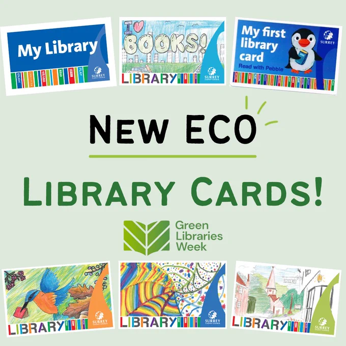 Black and green text on a green background, reading:
New Eco Library Cards!

There are images of library cards and the Green Libraries Week logo