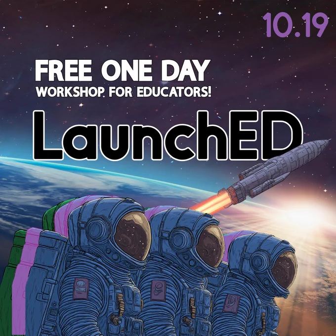 Futuristic classroom with holographic displays showing planets and star systems. A diverse group of teachers, dressed in colorful uniforms reminiscent of Star Trek, interact with advanced technology. Text overlay reads "LaunchED: Boldly Educating Where No One Has Educated Before".