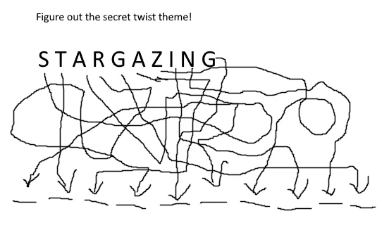 Figure out the secret twist theme!

The word STARGAZING, with a bunch of arrows pointing to blanks; the letters rearrange to STARGAZING.