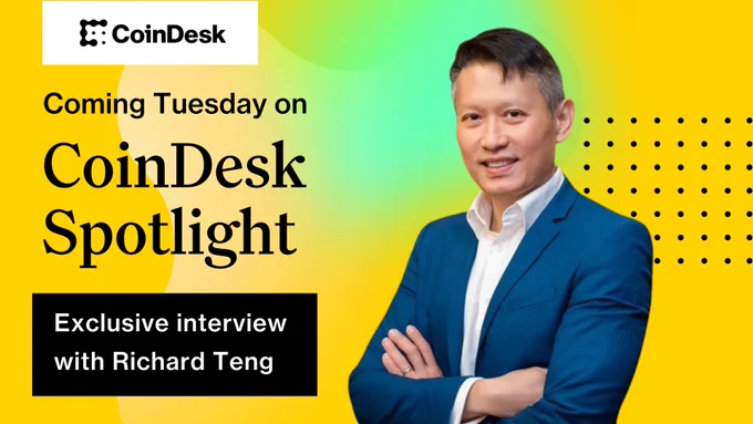 Promotional image for an upcoming CoinDesk Spotlight exclusive interview featuring Richard Teng, set against a yellow and black dotted background.