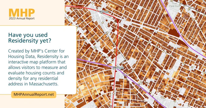 The gold MHP 2023 Annual Report logo in the upper-left corner. In a white box below, the words, "Have you used Residensity yet? Created by MHP's Center for Housing Data, Residensity is an interactive map platform that allows visitors to measure and evaluate housing counts and density for any residential address in Massachusetts." Below that in a gold box, the link "MHPAnnualReport.net" On the right side of the graphic, an red, orange, gold, and beige map indicating the density of urban land.
