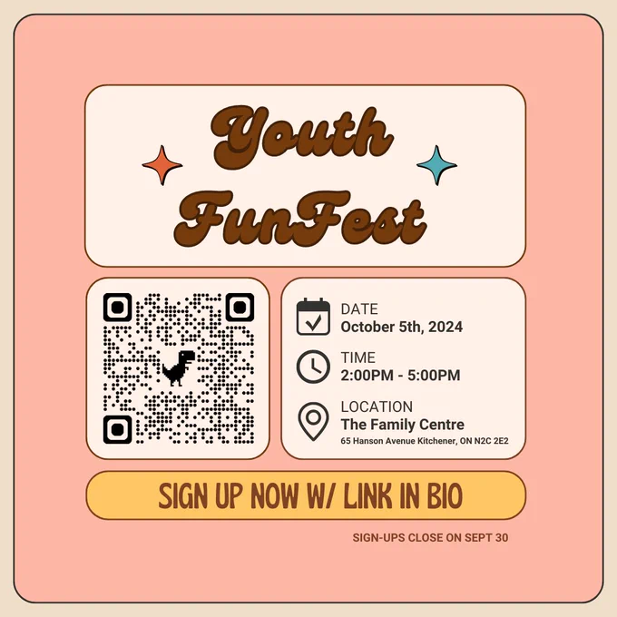Sign up now with link in bio! October 5, 2023. 2 to 5 PM. The Family Centre, 65 Hanson Avenue Kitchener.