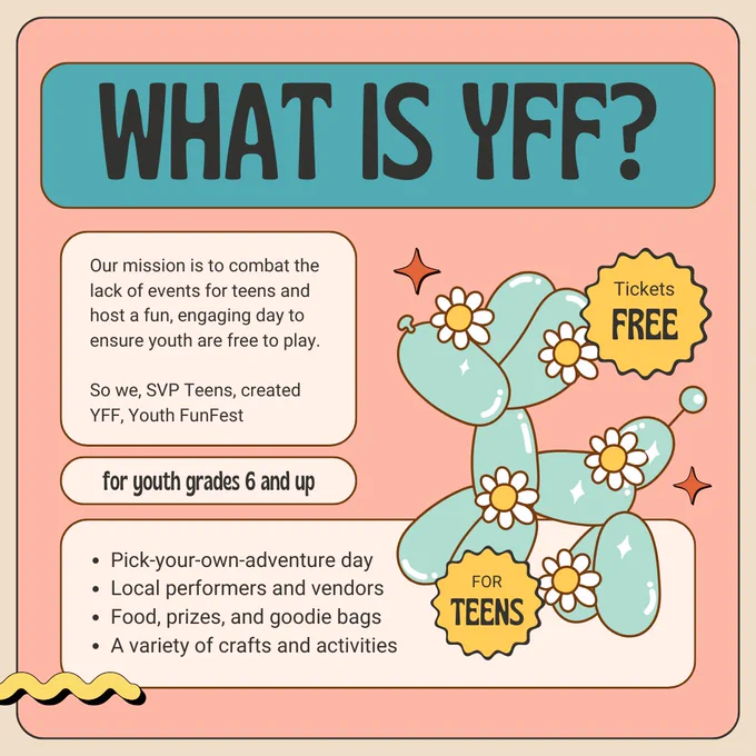 What is youth fun fest? our mission is to combar the lack of events for teens and host a fun, engaging day to ensure youth are free to play. For youth grade 6 and up. Pick your own aventure day, local performers and vendors, food, prizes, and goodie bags, variety of crafts and activities.