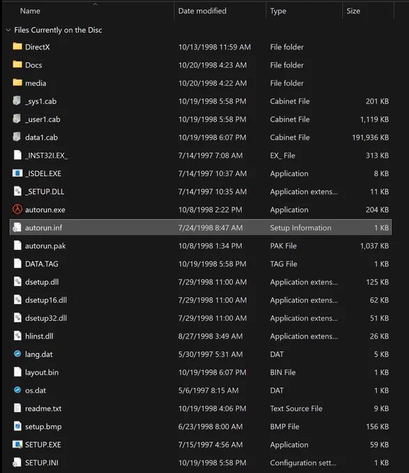 Picture of the list of files from the Half-Life 1 beta CD.