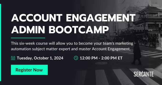 Account Engagement Admin Bootcamp - 
This six-week course will allow you to become your team's marketing automation subject matter expert and a master at Account Engagement.
Tuesday, October 1, 2024 
12:00 PM - 2:00 PM ET
Register